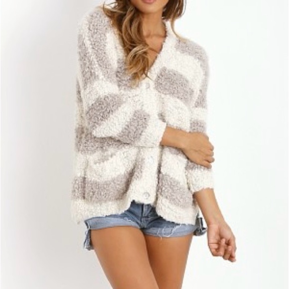Free People Cream and Gray Striped Cardigan marshmallow cozy small oversized